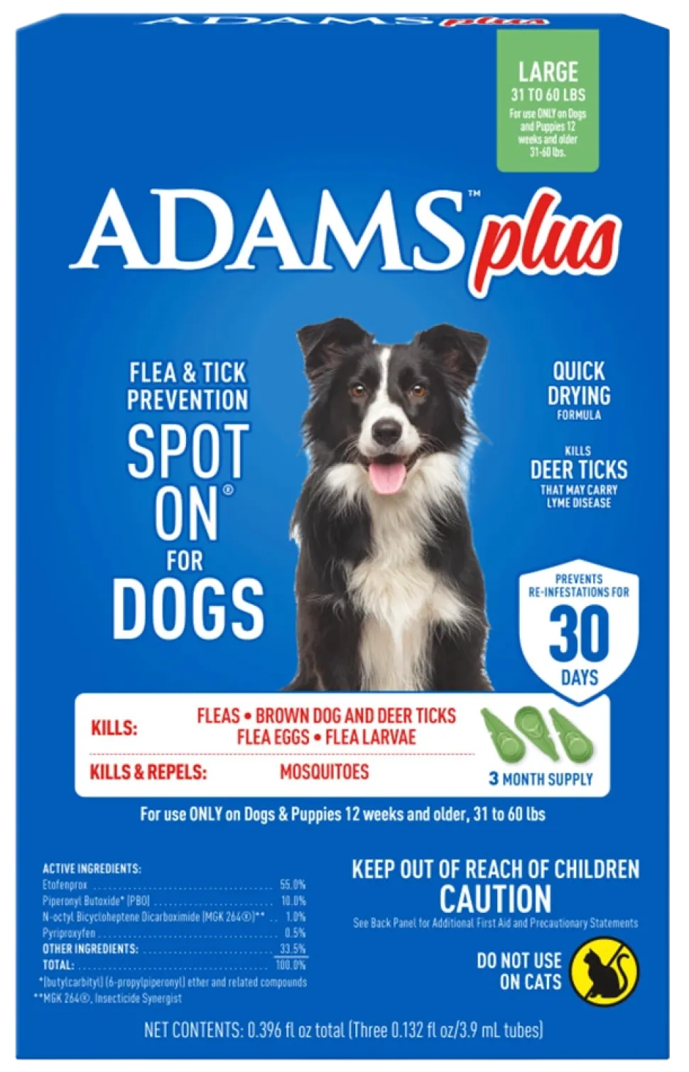 Adams Plus Flea & Tick 3 Month Supply Prevention Spot On for Large Dogs 31 to 60 lbs