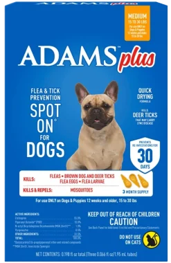 Adams Plus Flea & Tick 3 Month Supply Prevention Spot On for Medium Dogs 15 to 30 lbs