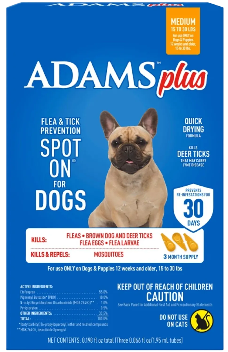 Adams Plus Flea & Tick 3 Month Supply Prevention Spot On for Medium Dogs 15 to 30 lbs