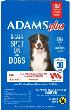 Adams Plus Flea & Tick 3 Month Supply Prevention Spot On for XL Dogs 61 to 150 lbs