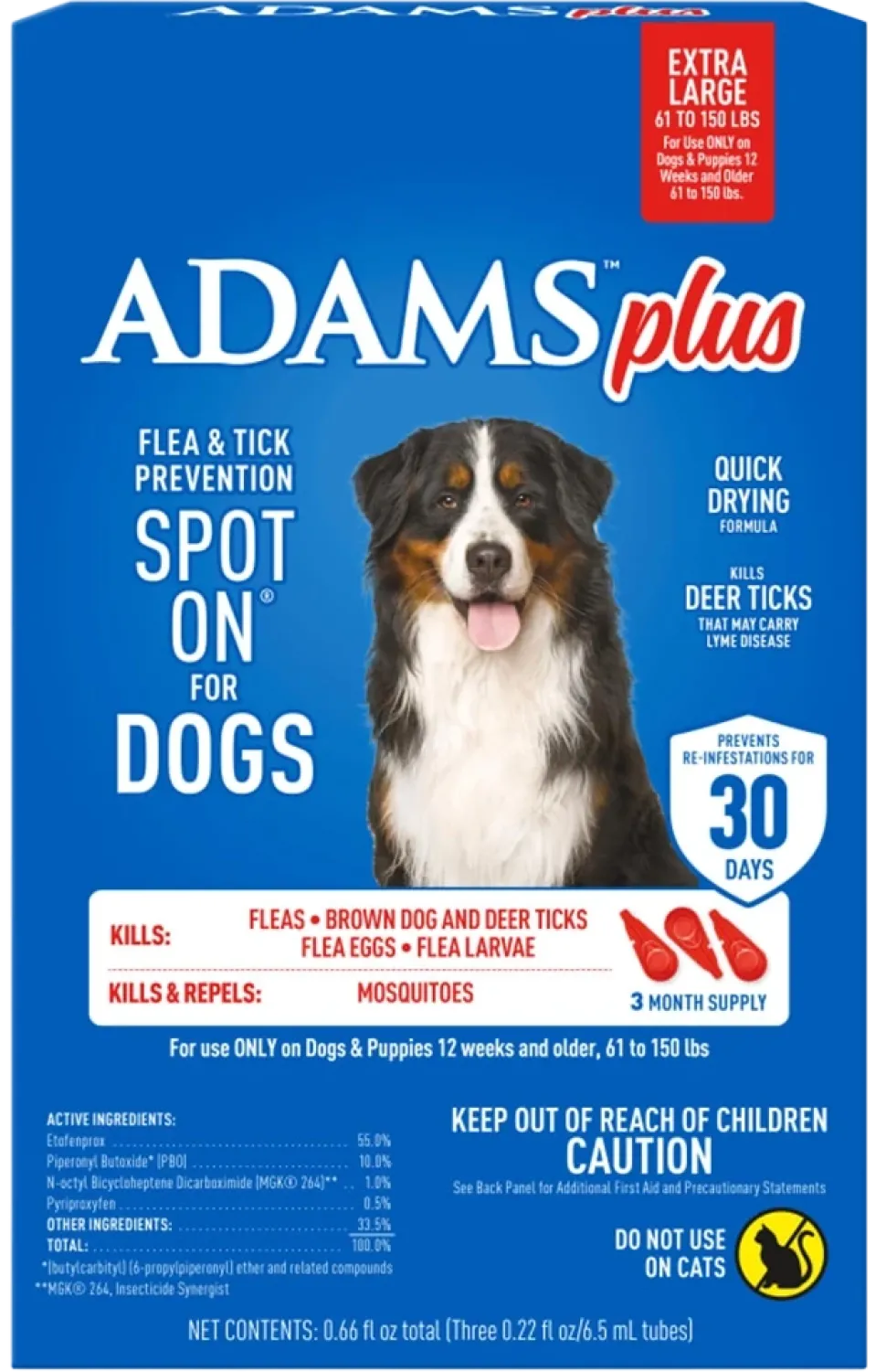 Adams Plus Flea & Tick 3 Month Supply Prevention Spot On for XL Dogs 61 to 150 lbs