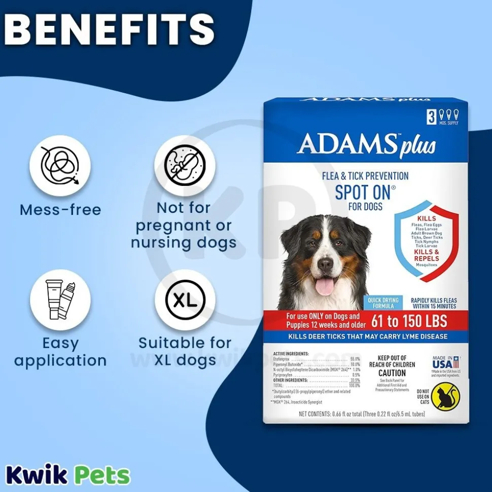 Adams Plus Flea & Tick 3 Month Supply Prevention Spot On for XL Dogs 61 to 150 lbs