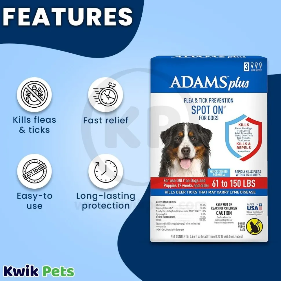 Adams Plus Flea & Tick 3 Month Supply Prevention Spot On for XL Dogs 61 to 150 lbs