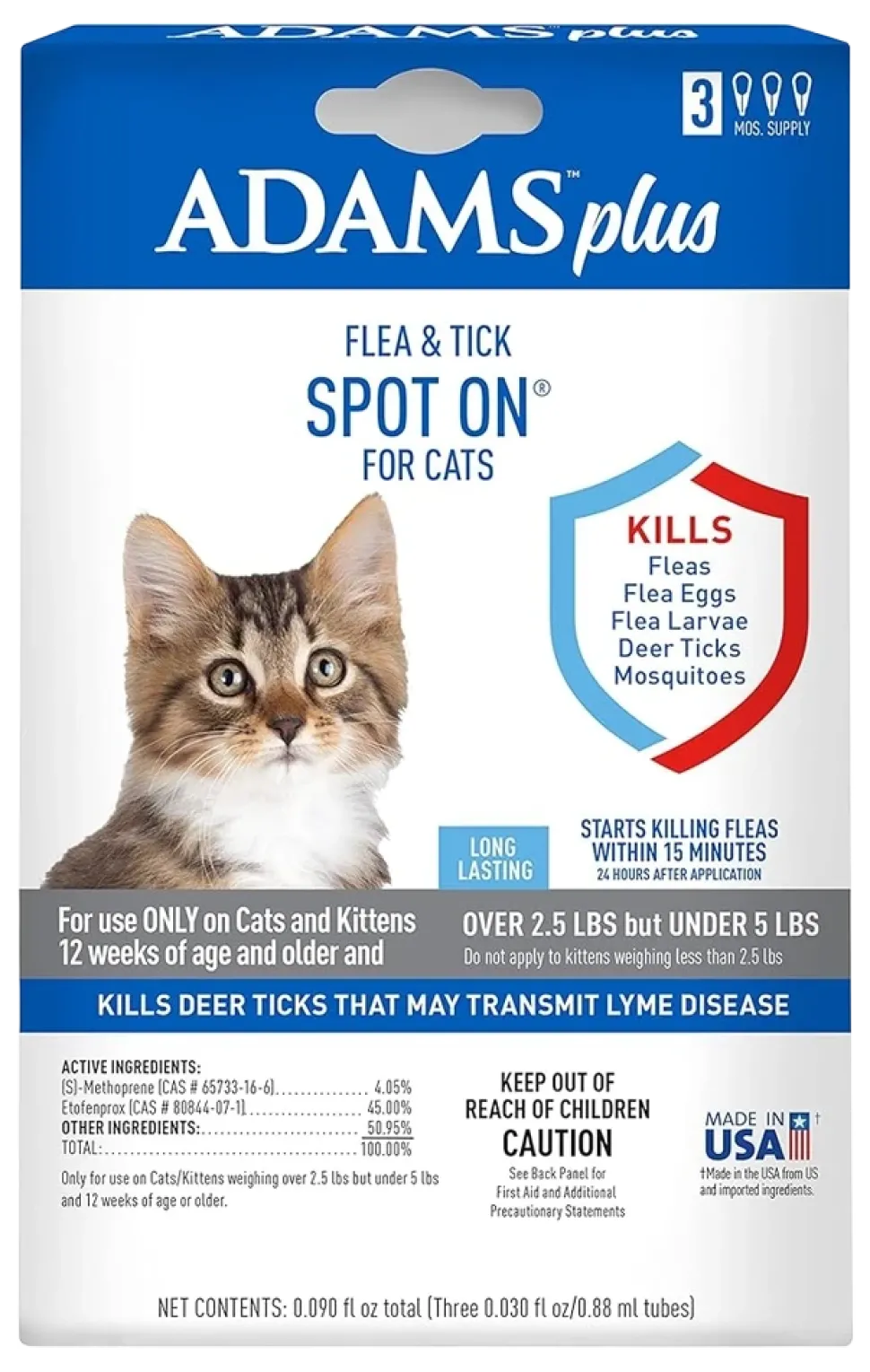 Adams Plus Flea & Tick 3 Month Supply Spot On for Cats & Kittens Over 2.5-lb