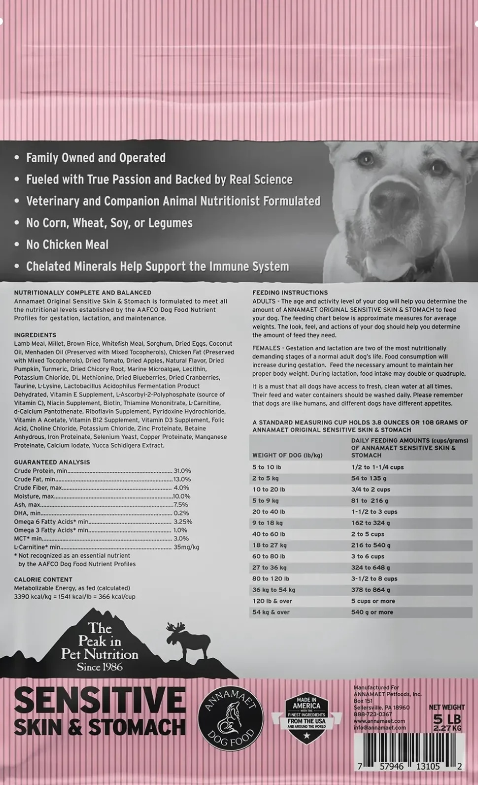 Annamaet Original Sensitive Skin & Stomach Dry Dog Food Lamb Meal & Millet Formula 5-lb