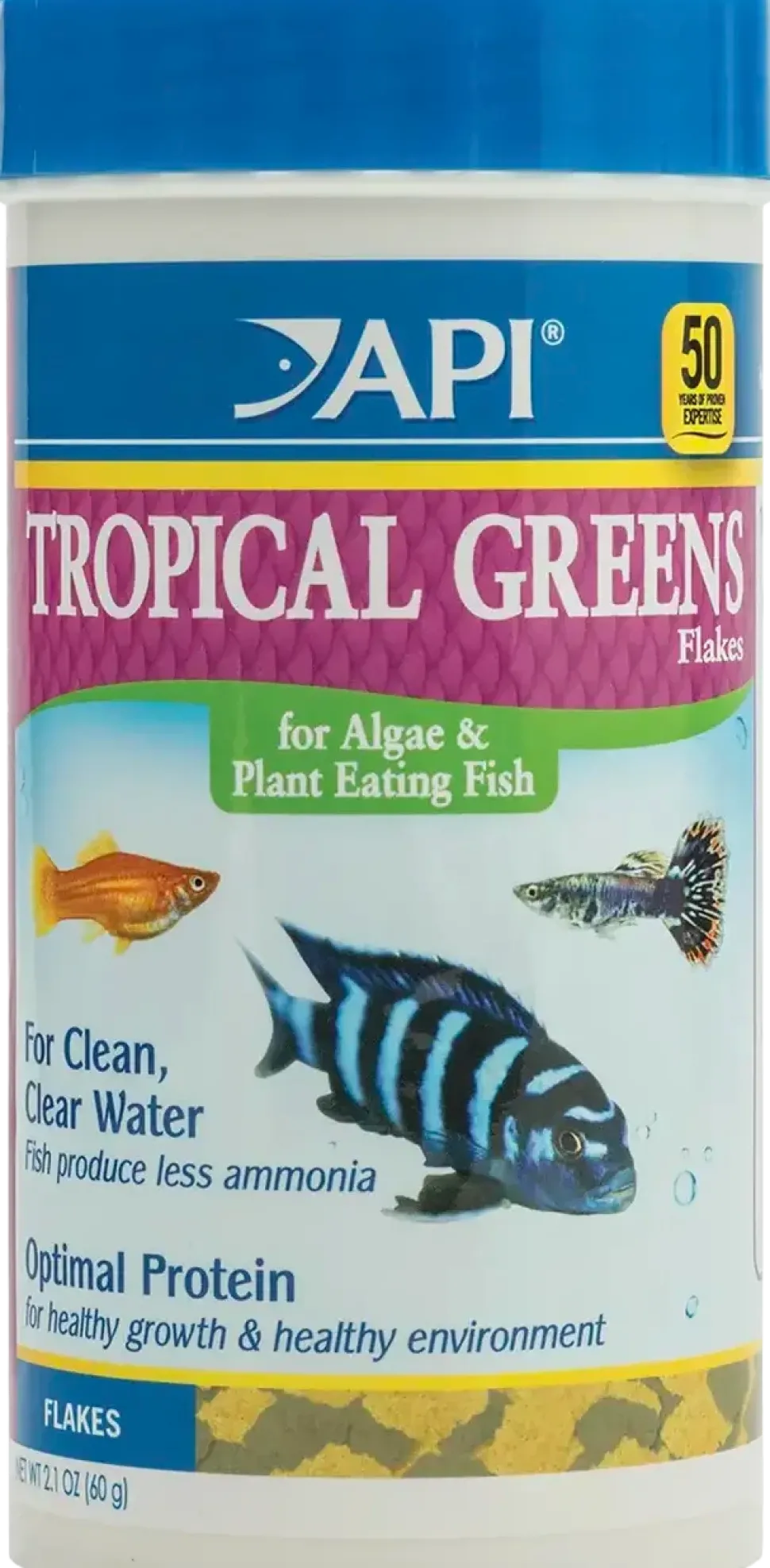 API Tropical Greens Flakes Algae & Plant Eating Fish Food 2.1-oz
