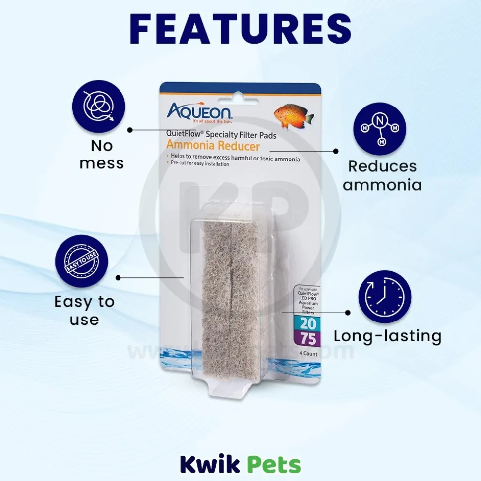 Aqueon QuietFlow Ammonia Reducer Filter Media Pads for Aquarium Size 20/75 4 Count