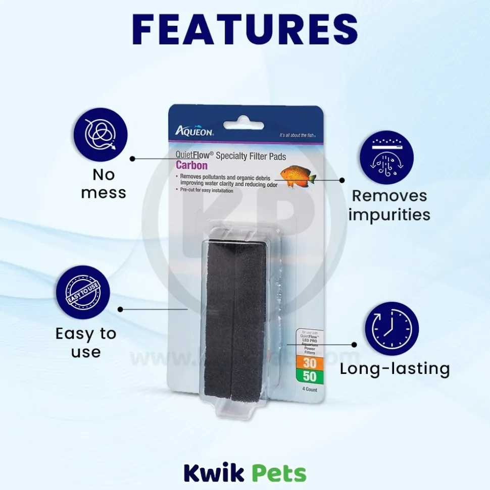 Aqueon QuietFlow Carbon Filter Media Pads for Aquarium Size 30/50 4 Count