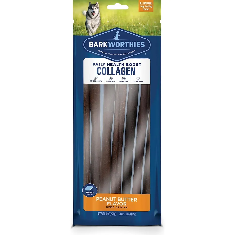 Barkworthies 12" Collagen Peanut Butter Flavor Beef Stick Large Dog Chew 6 Count 8.4-oz