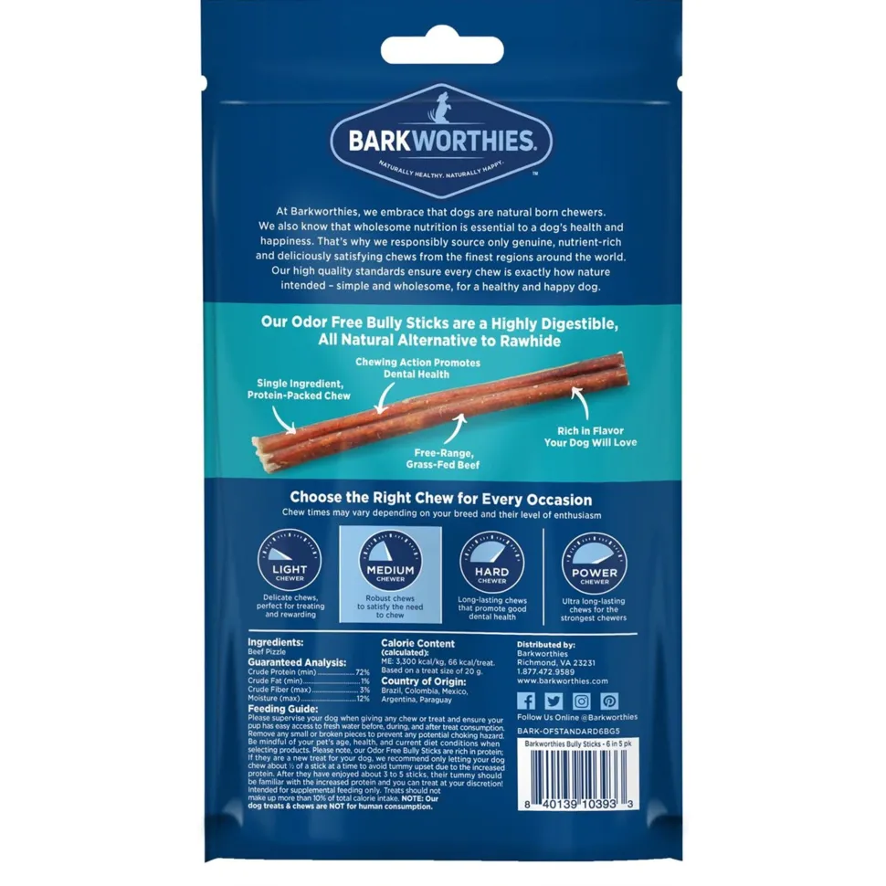 Barkworthies 6" Odor Free Bully Stick Dog Chews 5 Count