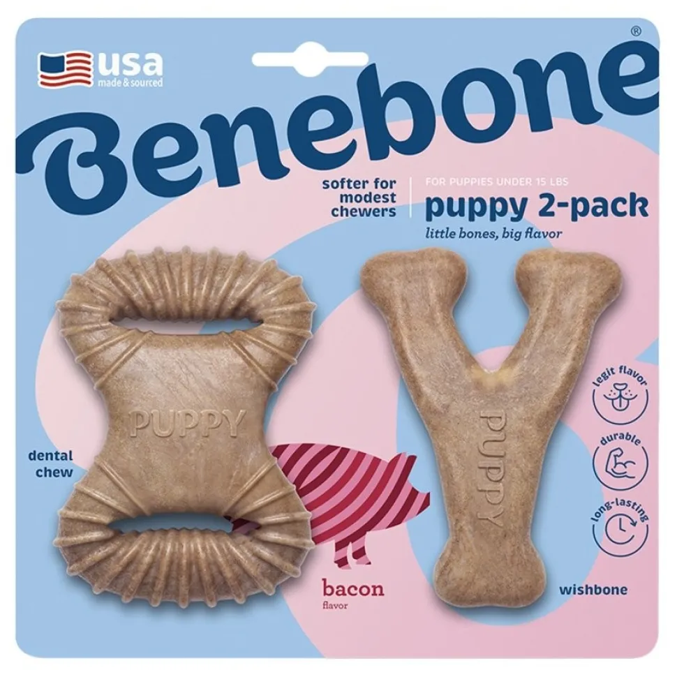 Benebone Dental Chew & Wishbone Puppy Dog Chew Toy Bacon 2 Count