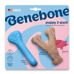Benebone Wishbone & Rubber Puppy Dog Dental Chew Toy Bacon 2 Count