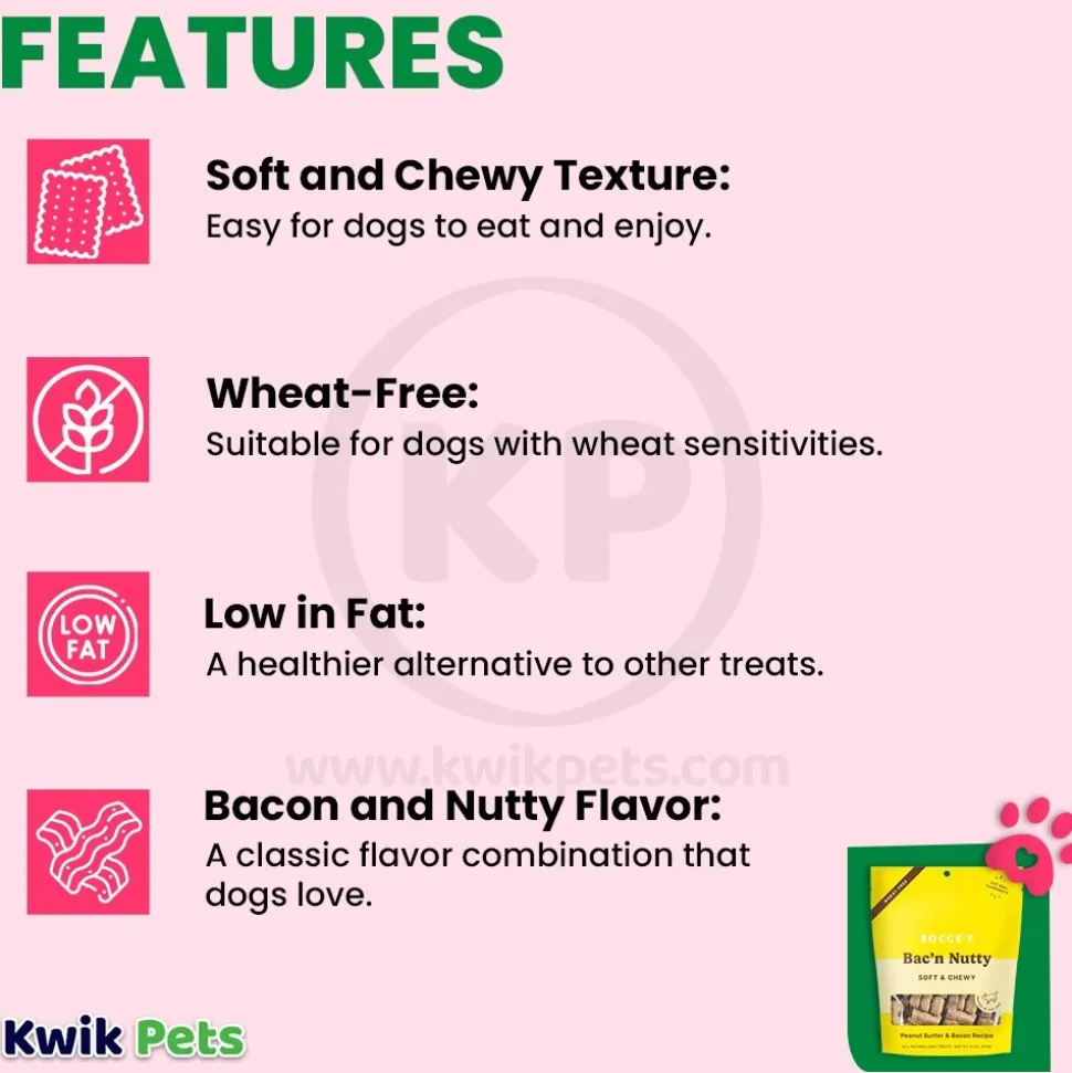 Bocce's Bakery Bac'n Nutty Soft & Chewy Dog Treats Peanut Butter & Bacon 6-oz