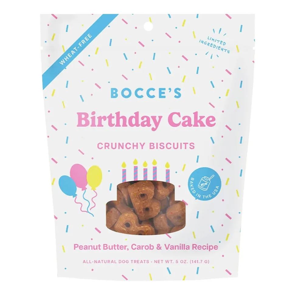Bocce's Bakery Birthday Cake Crunchy Biscuits Dog Treats Peanut Butter Carob & Vanilla 5-oz
