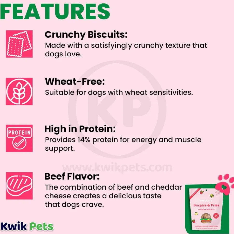 Bocce's Bakery Burgers & Fries Crunchy Biscuits Dog Treats Beef Sweet Potato & Cheese 5-oz