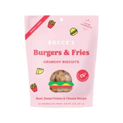 Bocce's Bakery Burgers & Fries Crunchy Biscuits Dog Treats Beef Sweet Potato & Cheese 5-oz