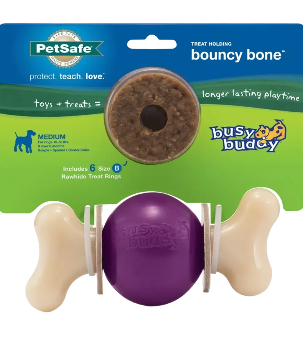 Busy Buddy Bouncy Bone Treat-Dispensing Dog Chew Toy with Refillable Rawhide Treats Multicolor Medium