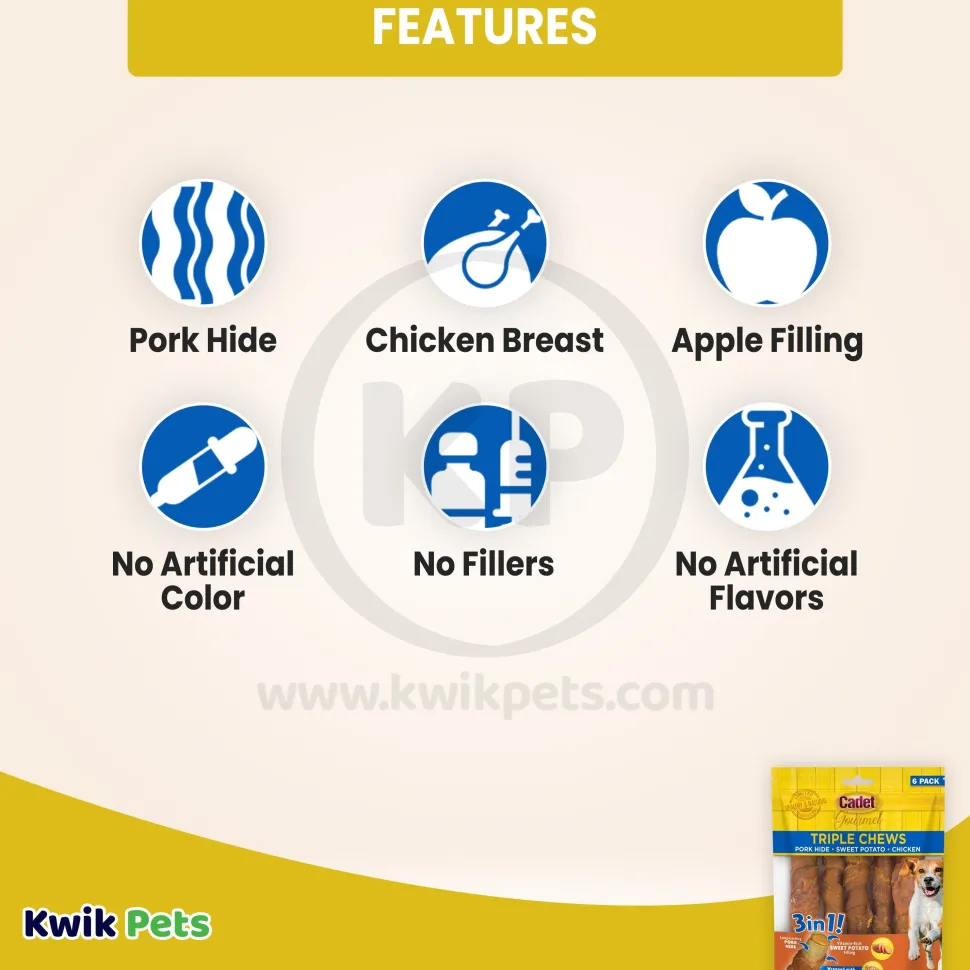 Cadet Gourmet Triple Chews Pork Hide Twists Dog Treat Chicken & Sweet Potato 6 Count 6.3-oz