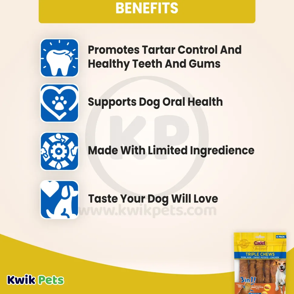 Cadet Gourmet Triple Chews Pork Hide Twists Dog Treat Chicken & Sweet Potato 6 Count 6.3-oz