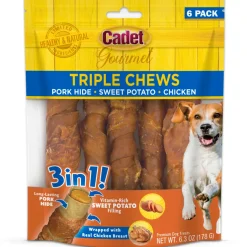 Cadet Gourmet Triple Chews Pork Hide Twists Dog Treat Chicken & Sweet Potato 6 Count 6.3-oz