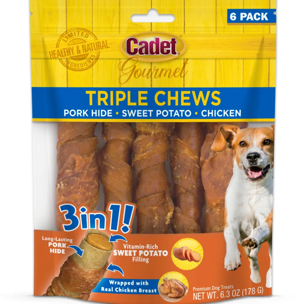 Cadet Gourmet Triple Chews Pork Hide Twists Dog Treat Chicken & Sweet Potato 6 Count 6.3-oz