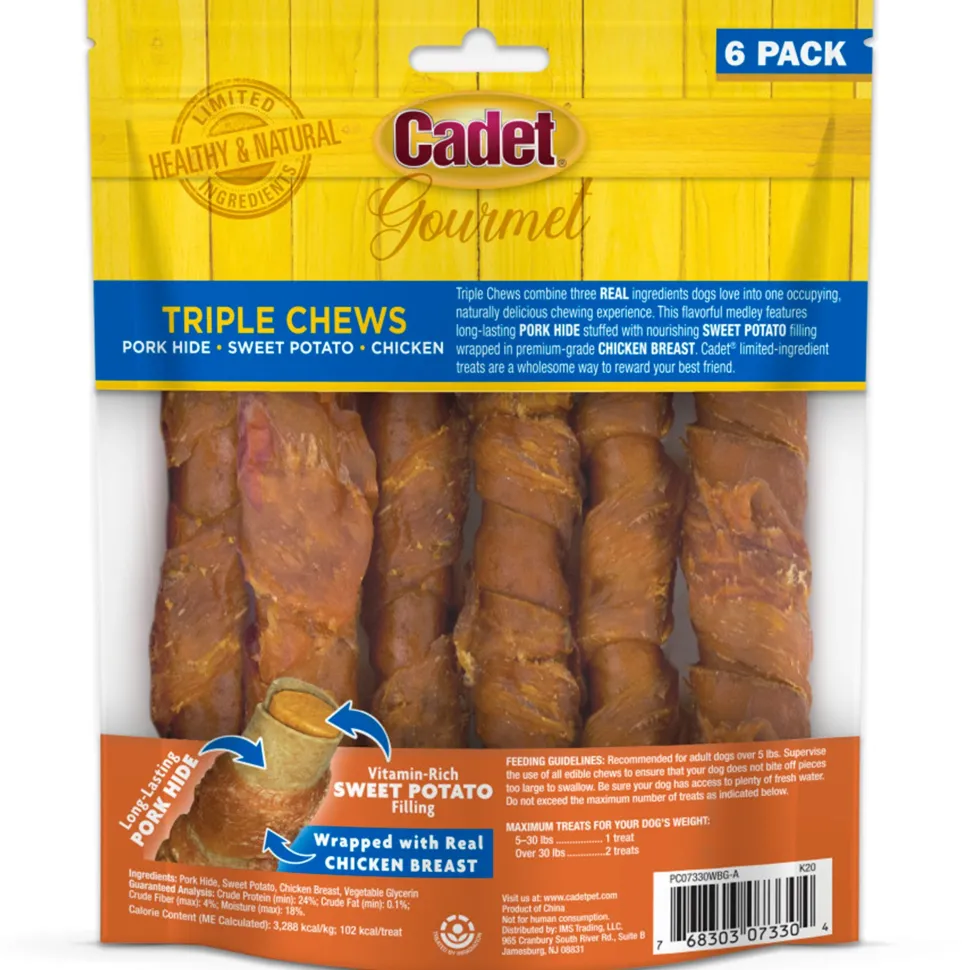 Cadet Gourmet Triple Chews Pork Hide Twists Dog Treat Chicken & Sweet Potato 6 Count 6.3-oz