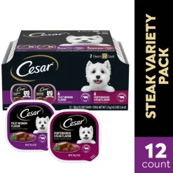 Cesar Classic Loaf in Sauce Adult Wet Dog Food Variety Pack Filet Mignon & Porterhouse Steak 12 Count 42.3-oz