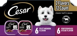 Cesar Classic Loaf in Sauce Adult Wet Dog Food Variety Pack Filet Mignon & Porterhouse Steak 12 Count 42.3-oz