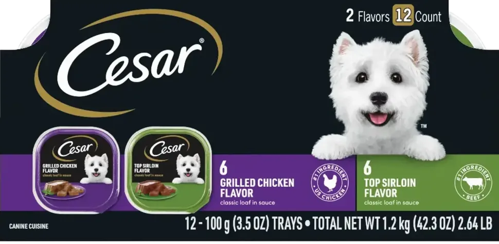 Cesar Classic Loaf in Sauce Adult Wet Dog Food Variety Pack Grilled Chicken & Top Serloin 12 Count 42.3-oz