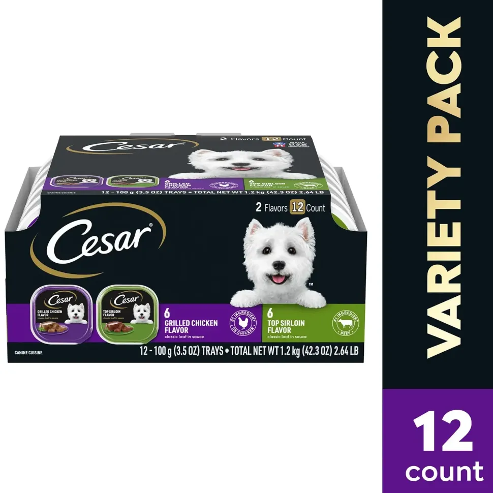 Cesar Classic Loaf in Sauce Adult Wet Dog Food Variety Pack Grilled Chicken & Top Serloin 12 Count 42.3-oz