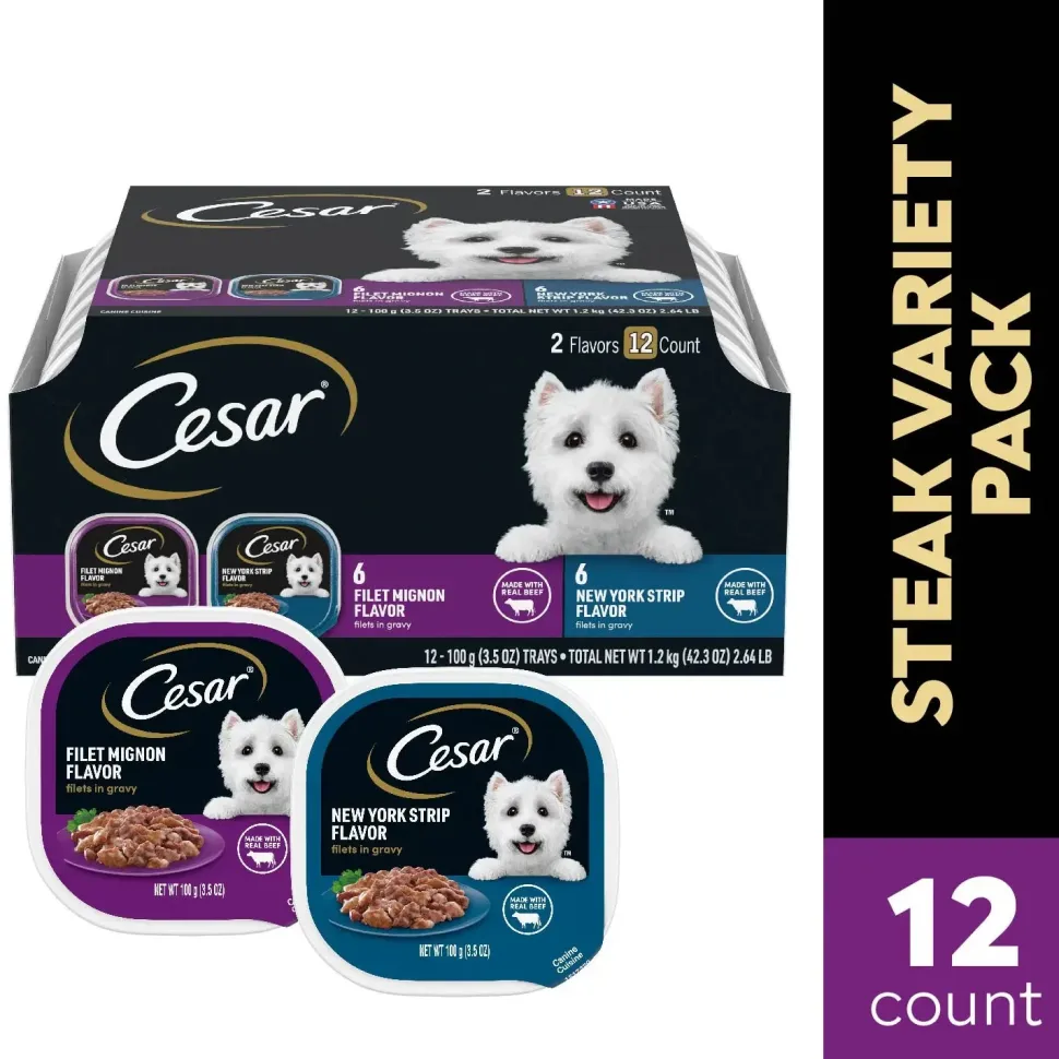 Cesar Filets in Gravy Adult Wet Dog Food Variety Pack Filet Mignon, New York Strip 12 Count 42.3-oz