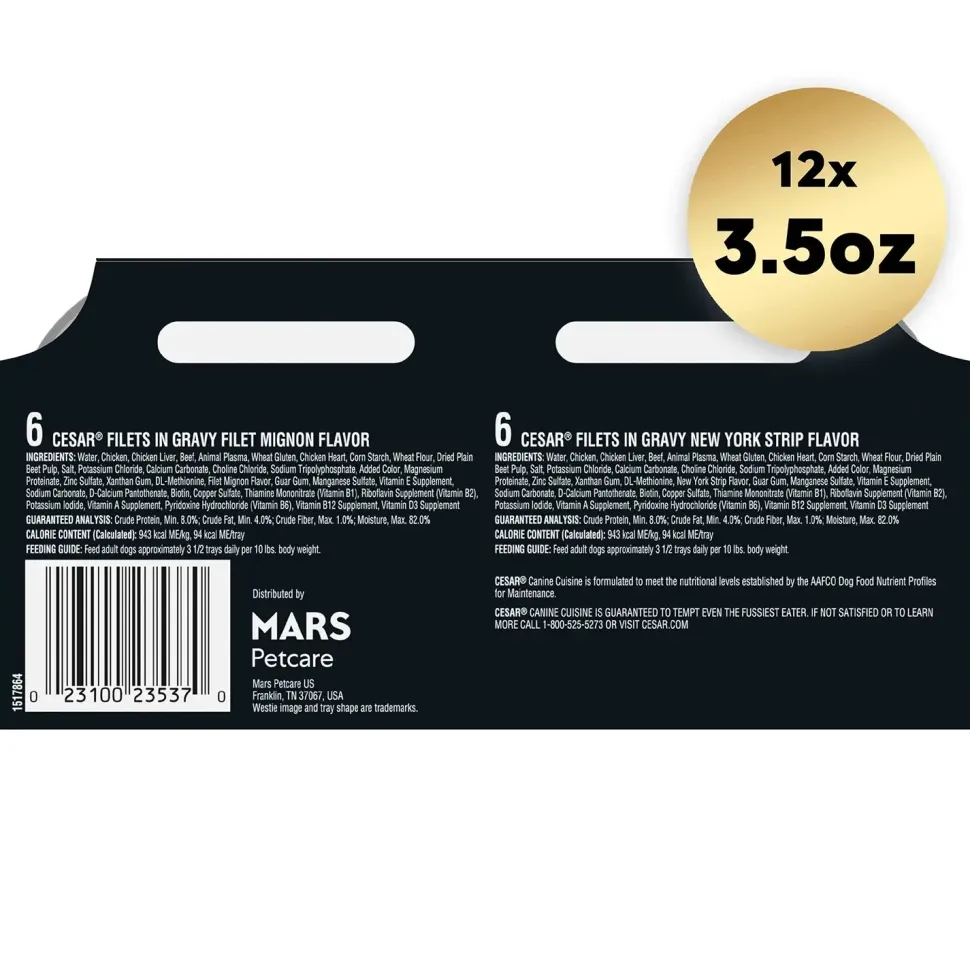 Cesar Filets in Gravy Adult Wet Dog Food Variety Pack Filet Mignon, New York Strip 12 Count 42.3-oz