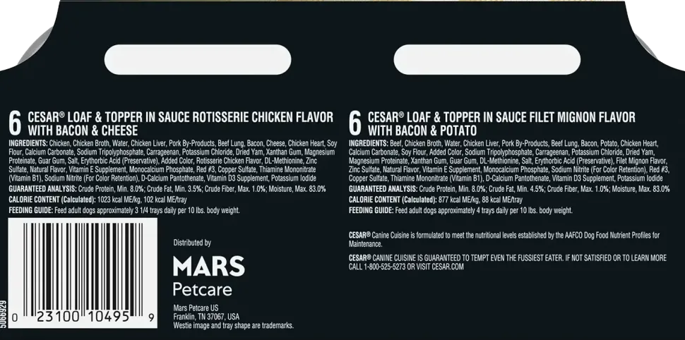 Cesar Loaf & Topper in Sauce Adult Wet Dog Food Variety Pack Rotisserie Chicken, Filet Mignon 12 Count 3.5-oz