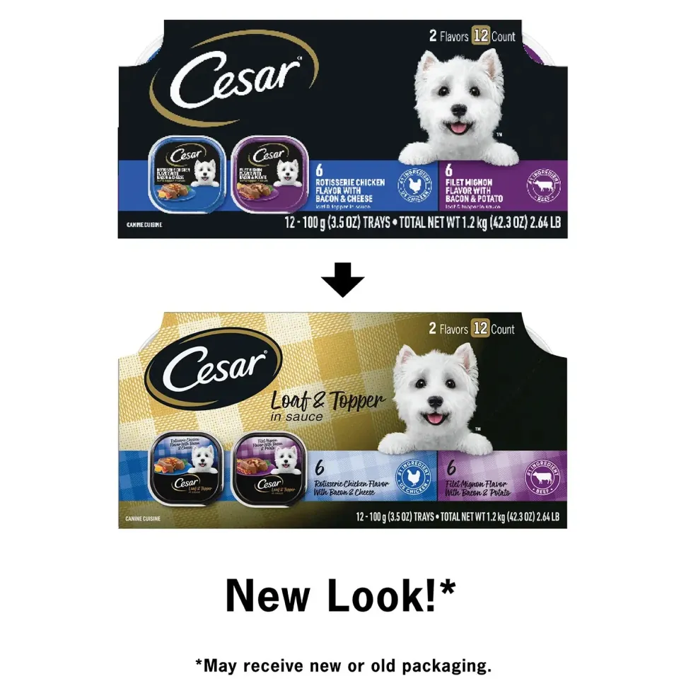 Cesar Loaf & Topper in Sauce Adult Wet Dog Food Variety Pack Rotisserie Chicken, Filet Mignon 12 Count 3.5-oz
