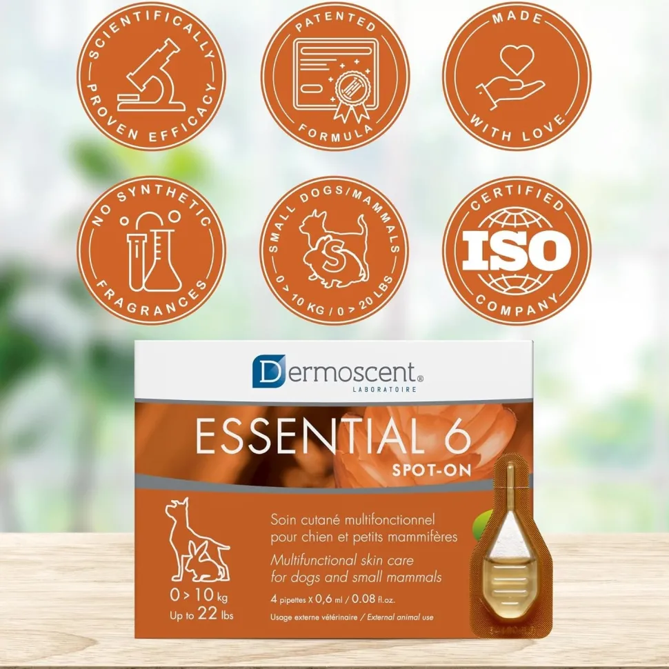 Dermoscent Essential 6 Spot-on Dog Skin Care for Dandruff & Allergy Relief Dogs & Small Mammals Up to 22-lb 4 Pipettes
