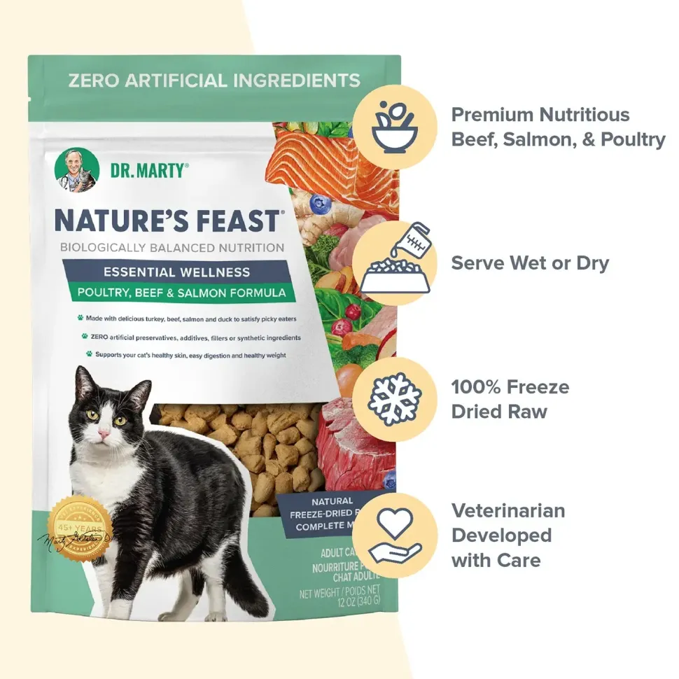 Dr. Marty Nature's Feast Essential Wellness Premium Freeze-Dried Raw Adult Cat Food Poultry, Beef & Salmon 12-oz