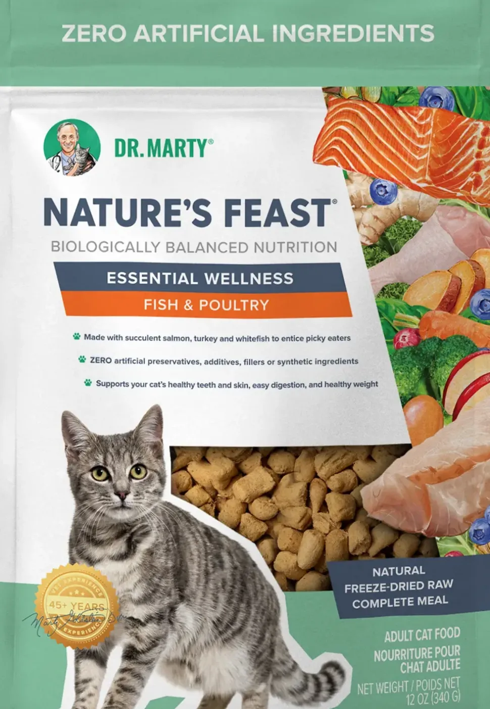 Dr. Marty Nature's Feast Essential Wellness Premium Freeze-Dried Raw Adult Cat Food Fish & Poultry 12-oz