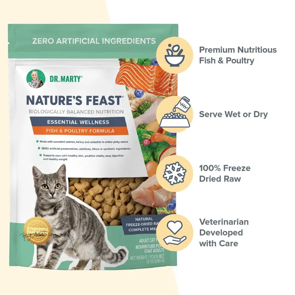 Dr. Marty Nature's Feast Essential Wellness Premium Freeze-Dried Raw Adult Cat Food Fish & Poultry 12-oz