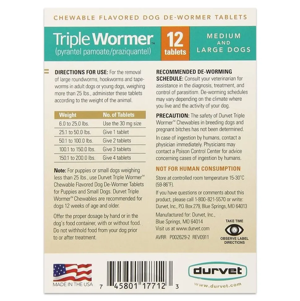 Durvet Triple Wormer Chewable Tablets for Medium & Large Dogs 12 Count