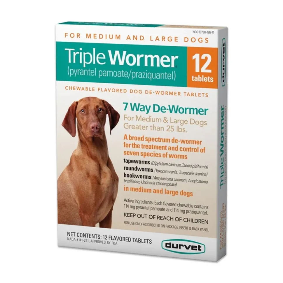 Durvet Triple Wormer Chewable Tablets for Medium & Large Dogs 12 Count