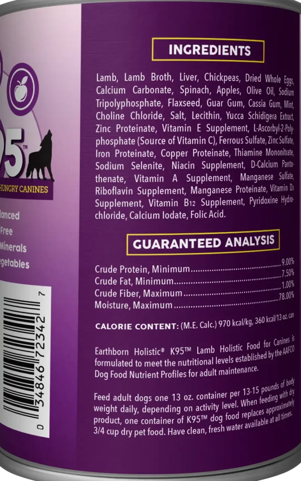 Earthborn Holistic K95 Grain-Free Meat Protein Wet Dog Food Lamb 13-oz