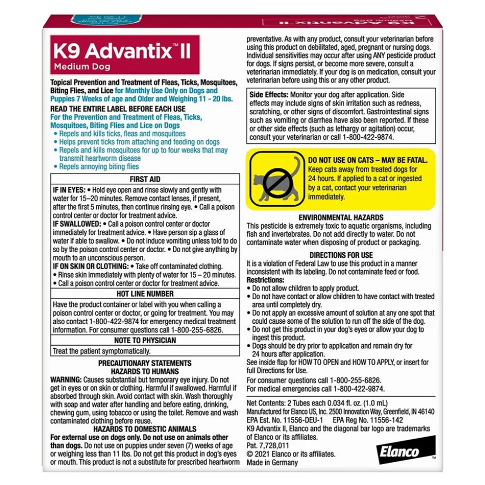 Elanco K9 Advantix II 2-Month Supply Topical Flea, Tick & Mosquito Treatment & Prevention for Medium Dogs 11-20 lbs