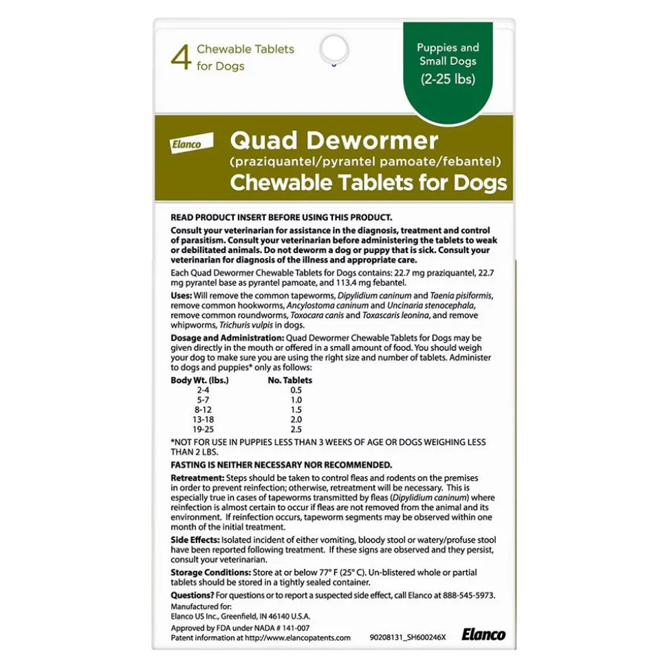 Elanco Quad Dewormer Chewable Tablets for Small Dogs 2-25 lbs 4 Count