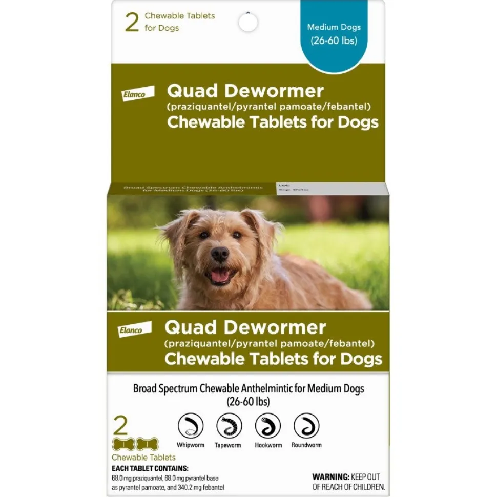 Elanco Quad Dewormer Chewable Tablets for Medium Dogs 26-60 lbs 2 Count