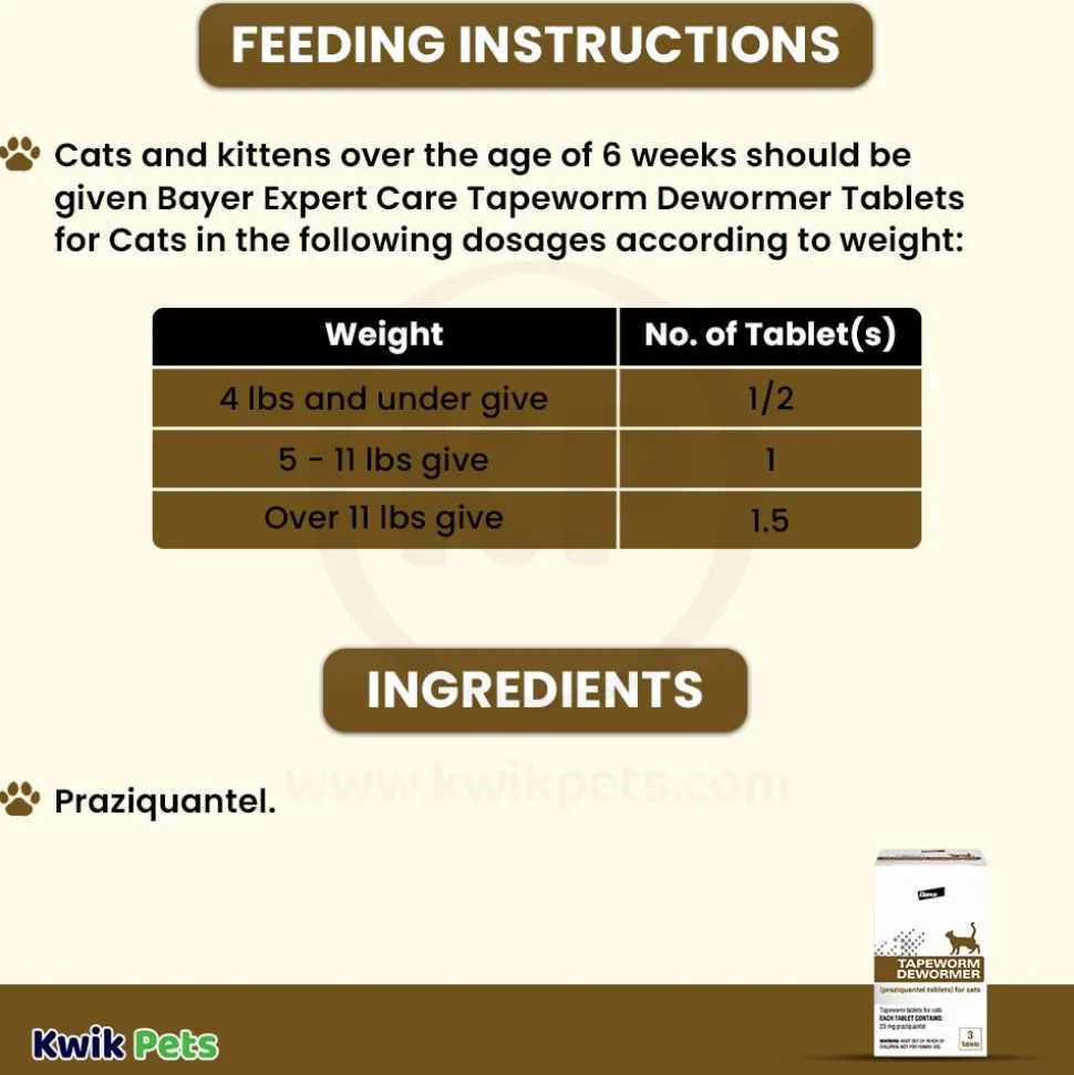 Elanco Tapeworm Dewormer (praziquantel tablets) for Cats & Kittens 3 Count