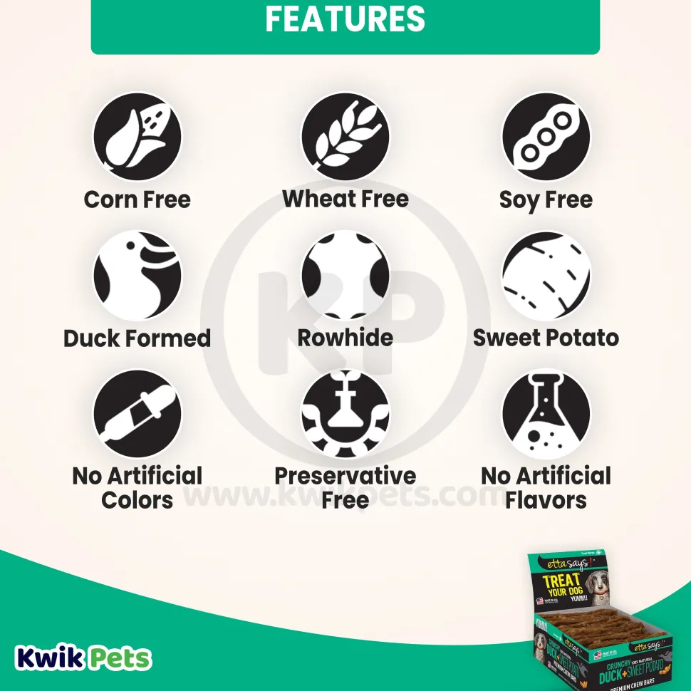 Etta Says! Premium Crunchy Bars Duck & Sweet Potato Dog Treats 12 Count