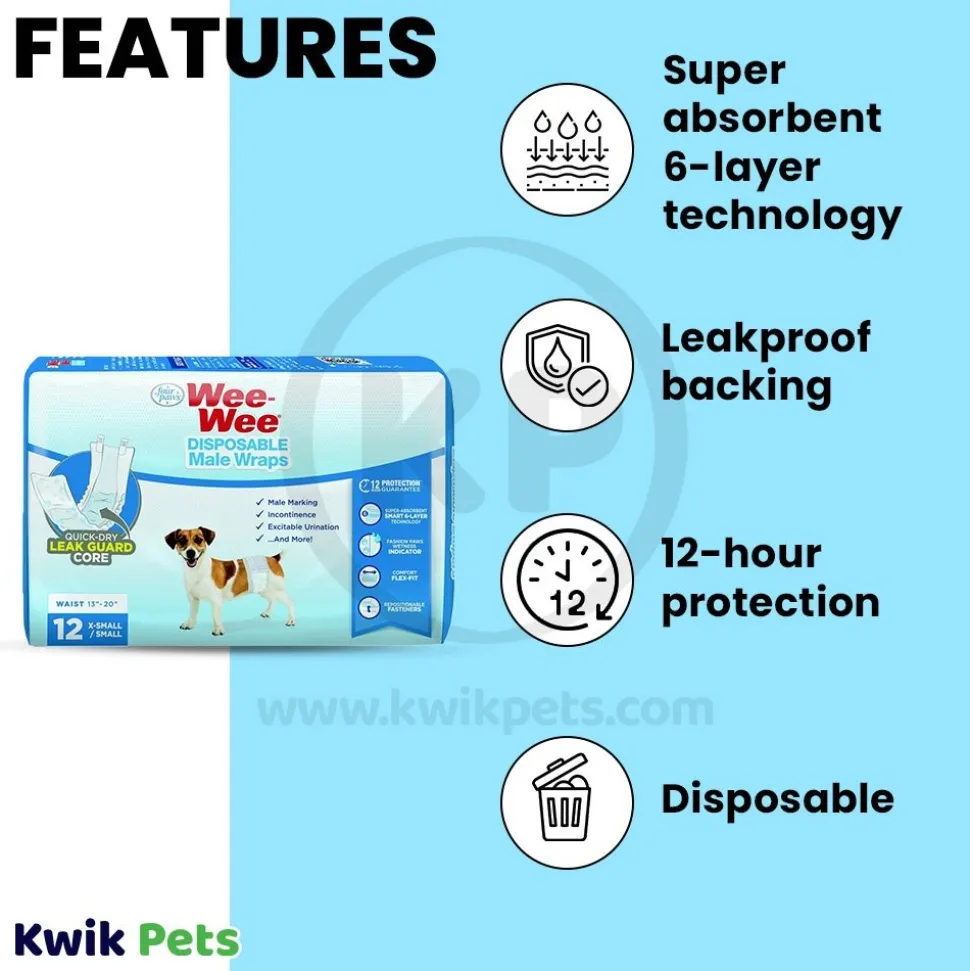 Four Paws Wee Wee Disposable Male Dog Wraps X-Small/Small 12pk