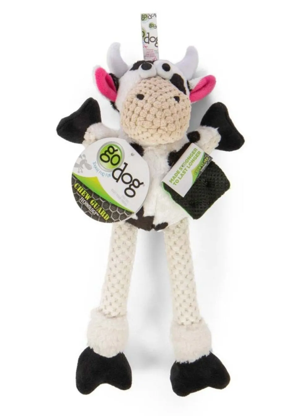goDog Checkers Skinny Cow Durable Squeaky Plush Dog Toy White Small