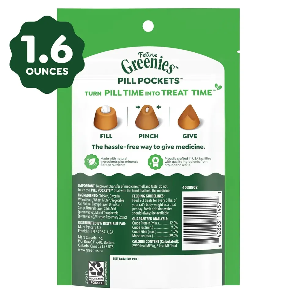 Greenies Feline Pill Pockets Cat Treats Catnip 1.6-oz 45 Count