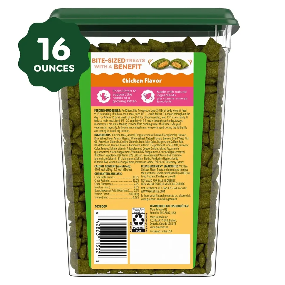 Greenies Feline SmartBites Chicken Healthy Kitten Treats 16-oz